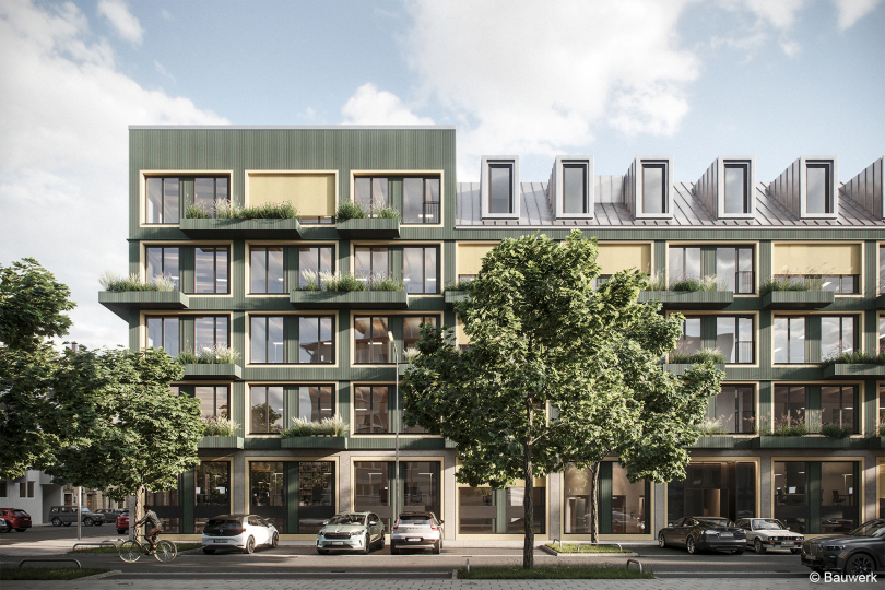 Referenzprojekt der Studie ist das Wohn- und Bürogebäude „Vinzent“ in München, ein in Realisierung befindlicher Holzhybridbau mit farbiger, begrünter Fassade (Bild: Bauwerk)