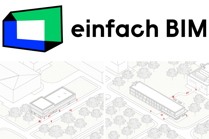 Die gemeinsam erarbeiteten BIM-Konzepte werden in drei echten Bauprojekten angewendet und evaluiert (Bild links: High-Tech-Laborgebäude; Bild rechts: Low-Tech-Bürogebäude). Grafik: einfach BIM