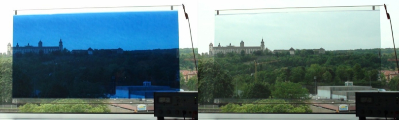 Lichtdurchlässigkeit je nach Bedarf einstellen: elektrochrome Folie im dunklen (links) und hellen Zustand (rechts) - Foto: © Fraunhofer ISC