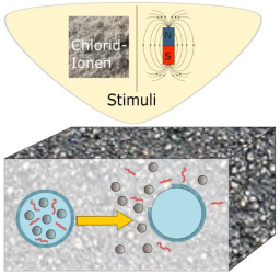 Beeinflussung ausgewählter Betoneigenschaften durch die Anregung stimuli-responsiver Materialien. Grafik: Prof. Luise Goebel