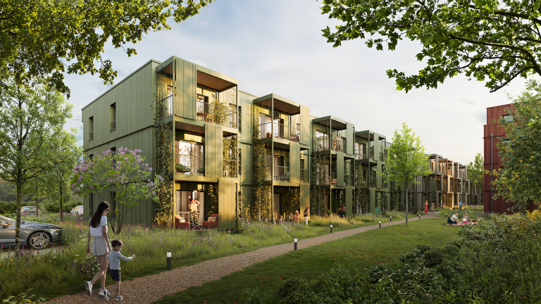 In der „Gartenstadt“ entstehen in den neun Mehrfamilienhäusern insgesamt 146 Eigentumswohnungen und fünf Gewerbeeinheiten. © Rosentritt GmbH