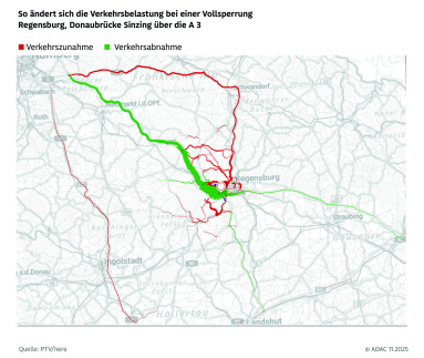 Detailansicht zu den verkehrlichen Auswirkungen einer Sperrung der Brücke Sinzing an der A3 bei Regensburg. © ADAC Grafik