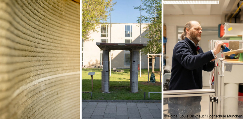 Prof. Dr. Jörg Jungwirth und Prof. Dr. Thorsten Stengel erforschen das Potential von recycelter Gesteinskörnung aus Abrissbauten für den 3D-Druck. © Fotos: Louis Dickhaut / Hochschule München